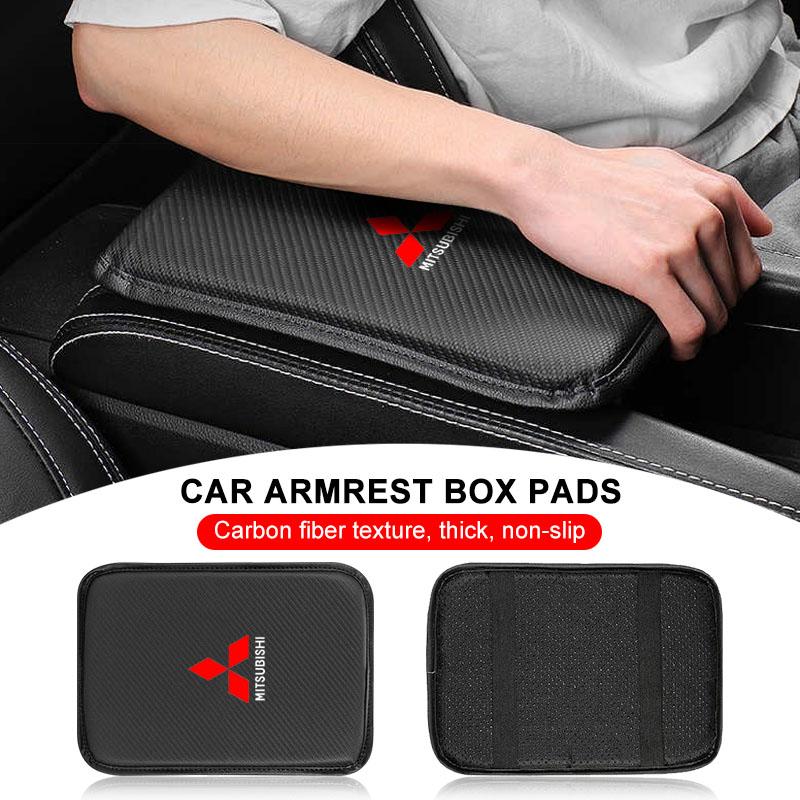 1Pcs Carbon Fiber Leather Car Console Box Pad Car Armrest Cushion Emblems For Mitsubishi ASX Lancer 10 Pajero Outlander L200