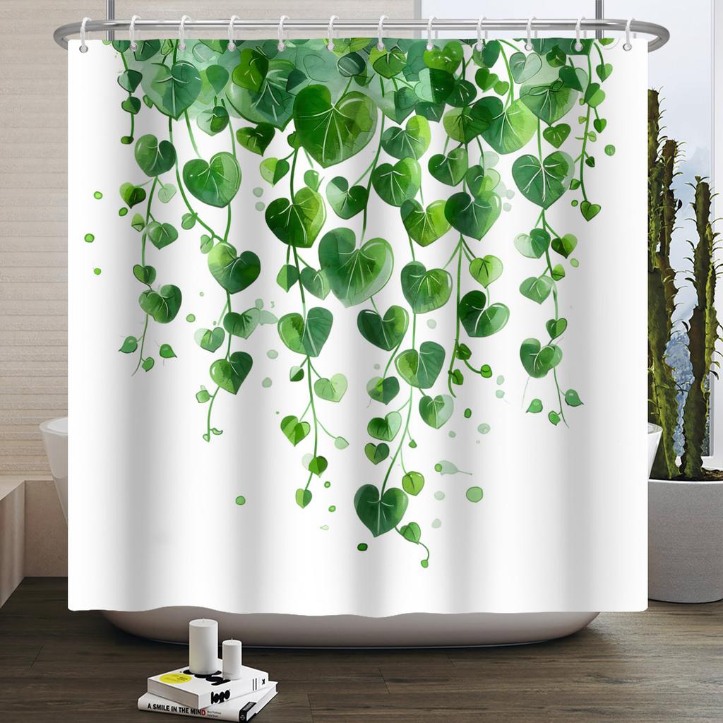 Green Eucalyptus Shower Curtain Watercolor Plant Leaves Bathroom Decoration Waterproof White Fabric Bath Curtain With 12 Hooks