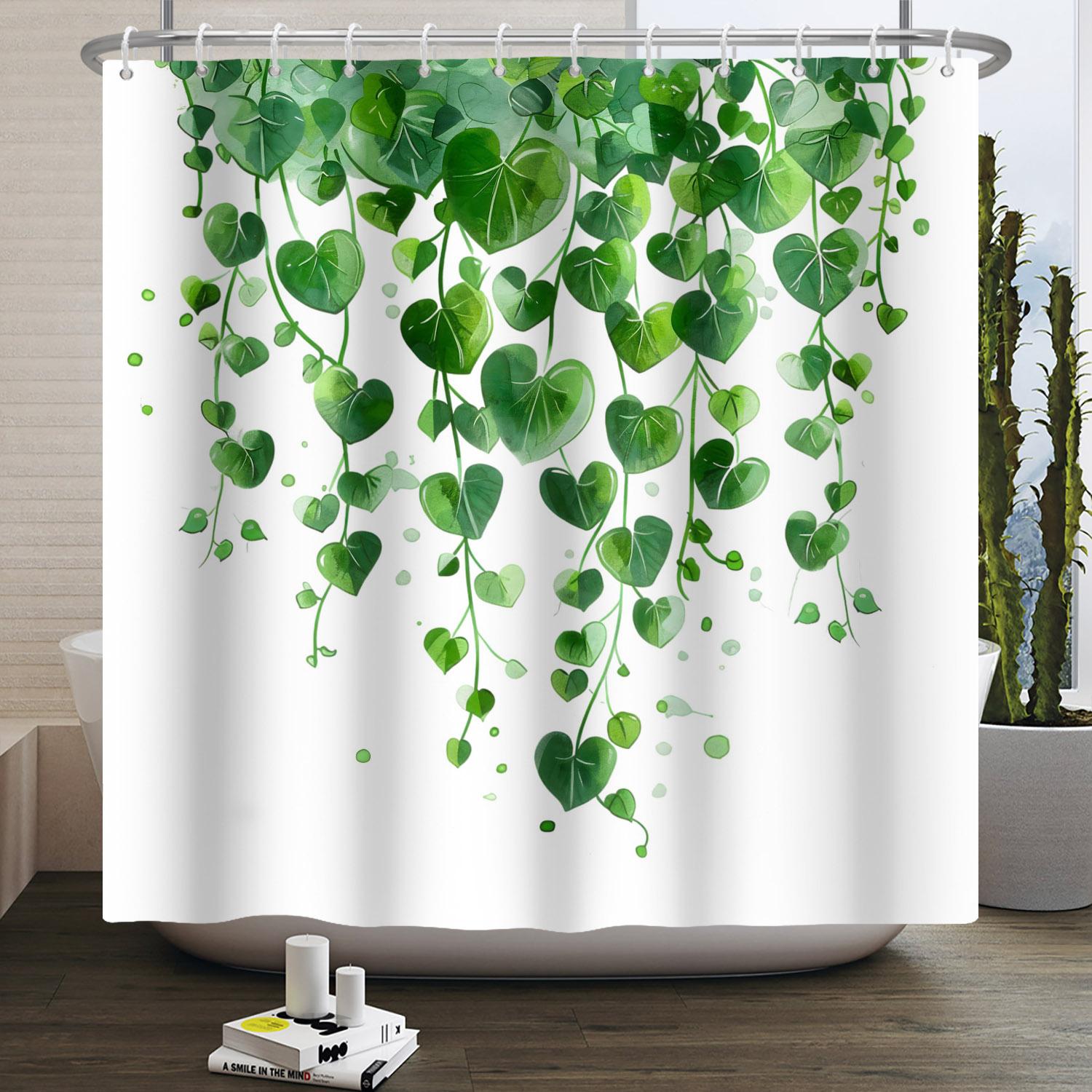 

Green Eucalyptus Shower Curtain Watercolor Plant Leaves Bathroom Decoration Waterproof White Fabric Bath Curtain With 12 Hooks W60H190(CM)-1 Pcs
