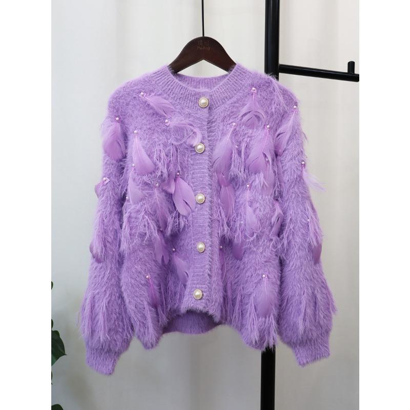 Autumn and Winter Imitation Mink Velvet Gentle Wind Design Feeling Feather Beads Fringed Knitted Cardigan Sweater Jacket Women