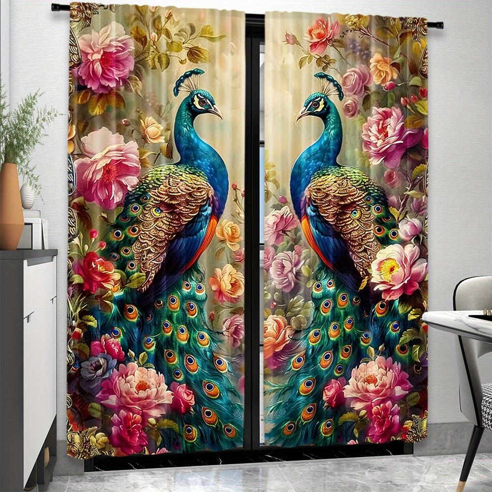 2Pcs Polyester Retro Peacock Floral Printing Window Curtains Birthday Party Decoration Backdrop Drapes for Living Room