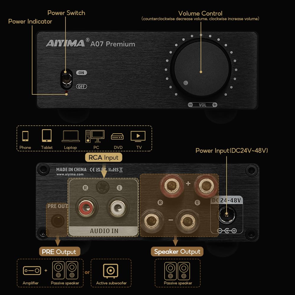 AIYIMA A07 Premium TPA3255 Power 300Wx2 Stereo Digital Audio Amplifier for Passive Home Audio DC32V Power Amplifier, Class-D Amplifier, 2.0ch