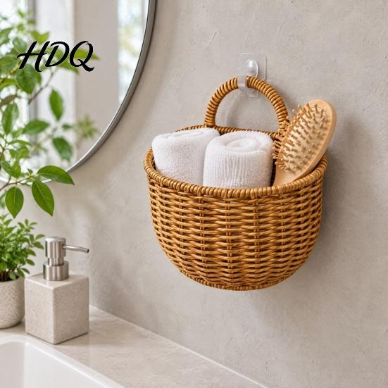 Kitchen Spice And Egg Organizer Woven Hanging Wicker Storage Basket Wall Mounted Imitation Rattan Organizer Versatile Containers Rustic Style