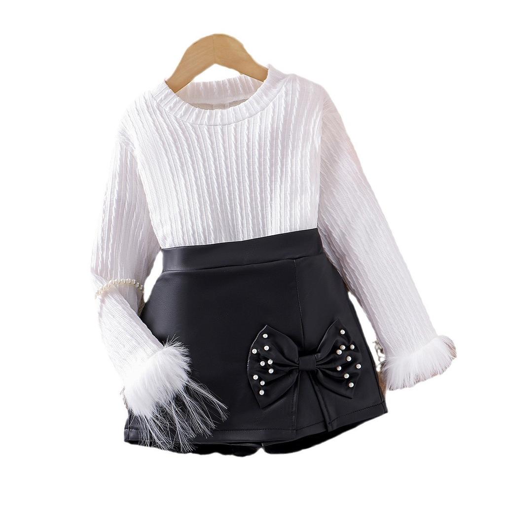 Costum ocazional fete Vară Moda pentru copii Decolteu cu mâneci lungi Cu îmblănire Top cu blană Fundă Fusta Pu Costum pentru copii