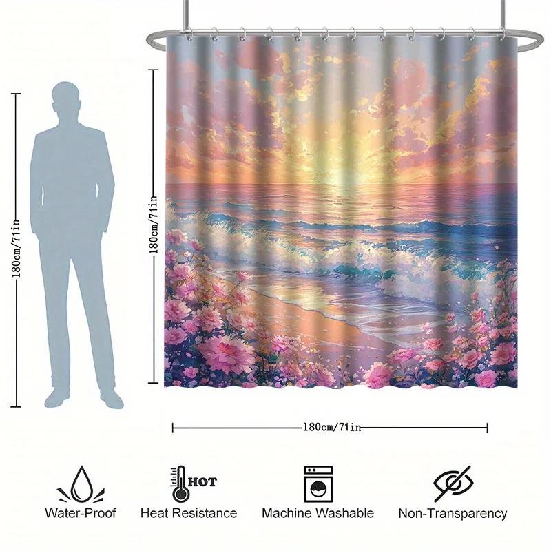 Fantasy Beauty Shower Curtain Set - Beach Waves & Flowers, White Clouds & Sunrise, Polyester Fabric, Modern Bathroom Decor