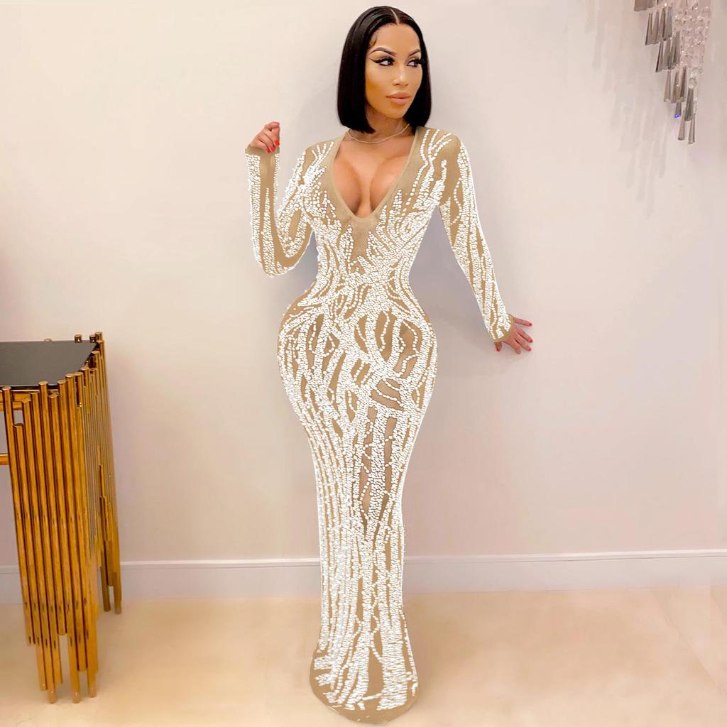 X5002 Seksowna, prześwitująca, siateczkowa sukienka z intarsjami ze strasów, idealna do klubów nocnych