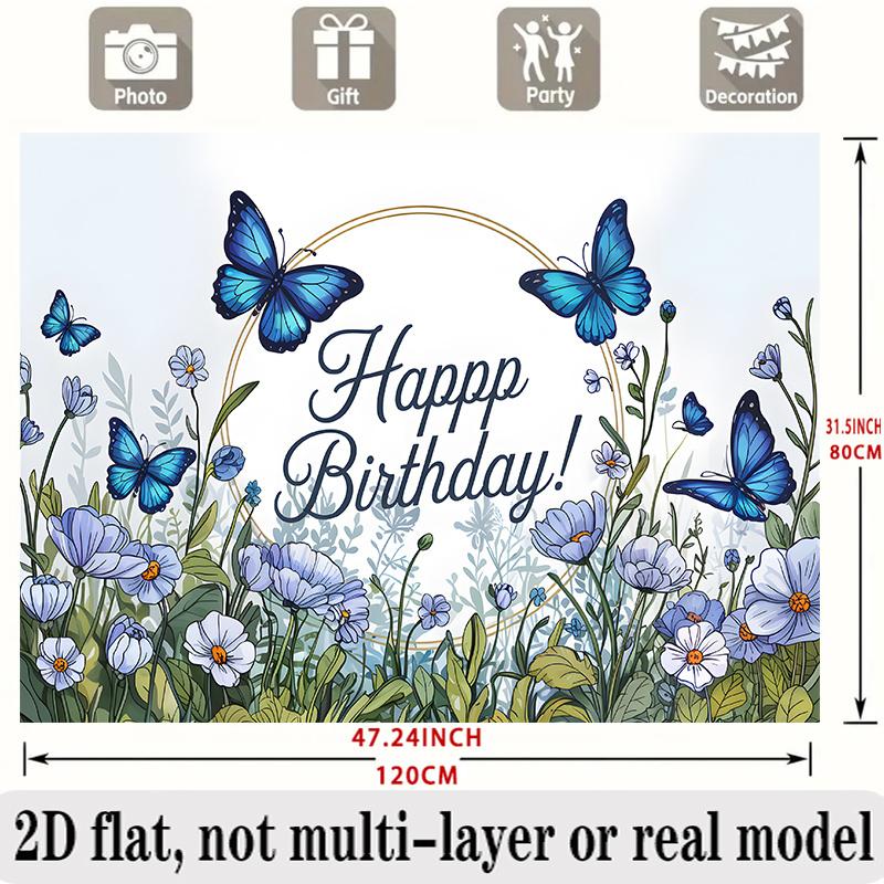 Blue Floral Birthday Banner, Multicolor Wall Hanging Photo Backdrop for Party