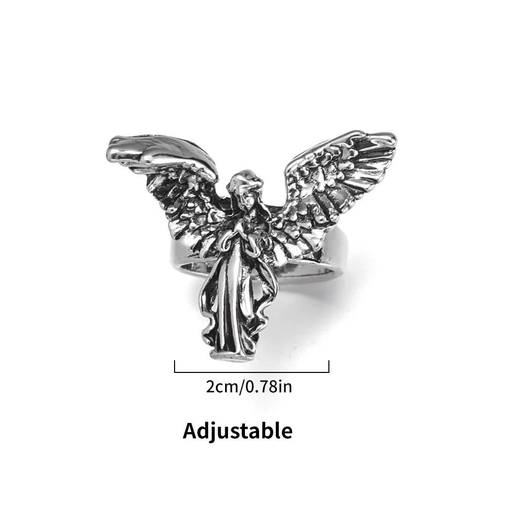 Gothic Angel Ring Vintage Religious Angel Wings Silver Opening Ring Punk Angle Metal Rings For Women Men Party Jewelry Gifts