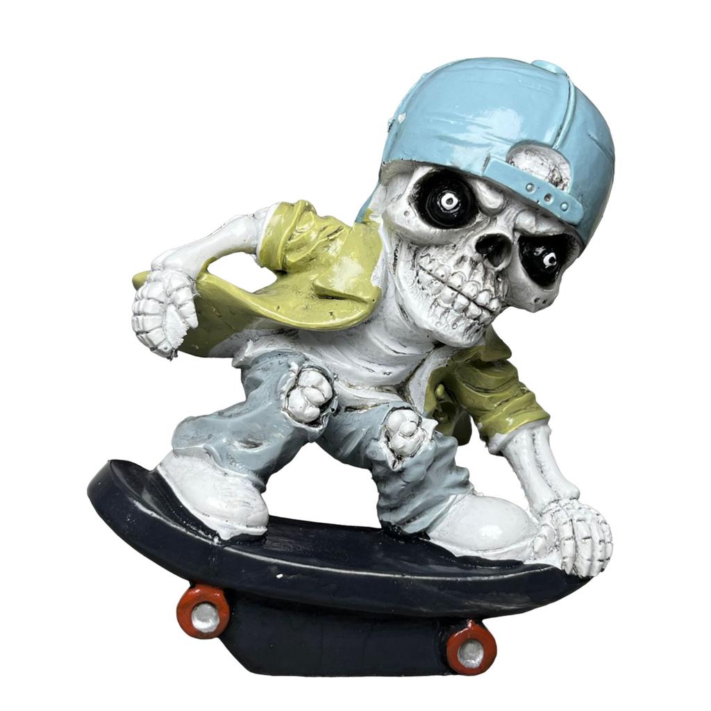 Scary Resins Skeleton Sculpture Funny Skateboarding Skull Figurine Ornament for Halloween Party Desktop Decoration