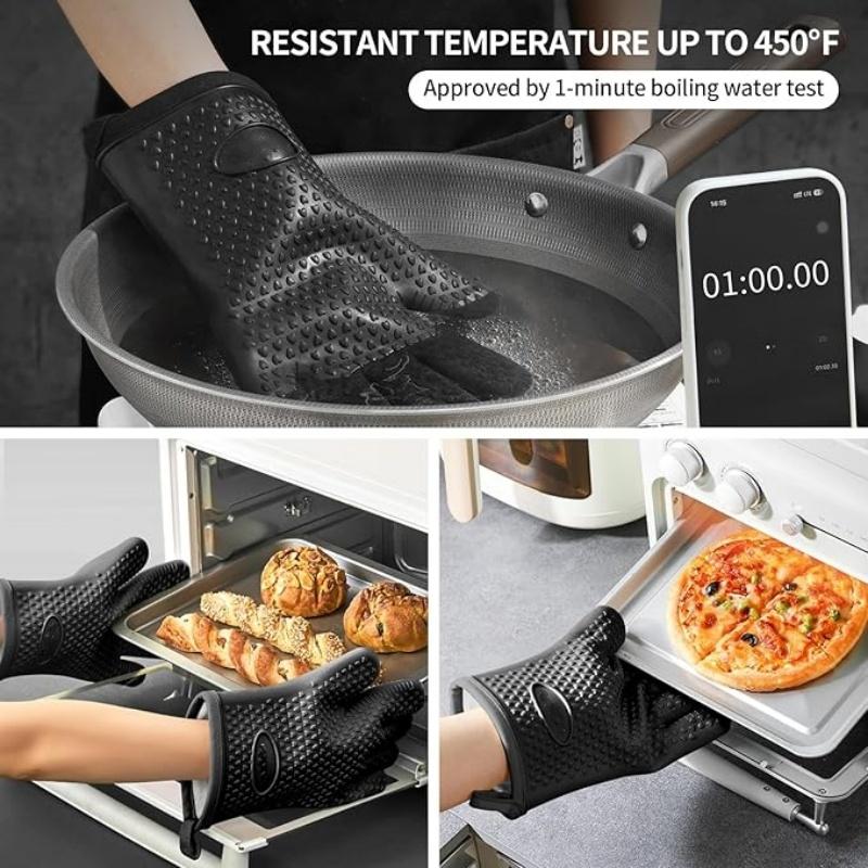 Heat Resistant Silicone Oven Mitts Cotton Lined Cooking Gloves Waterproof Non-Slip Kitchen Gloves for BBQ Grilling Baking Smoker