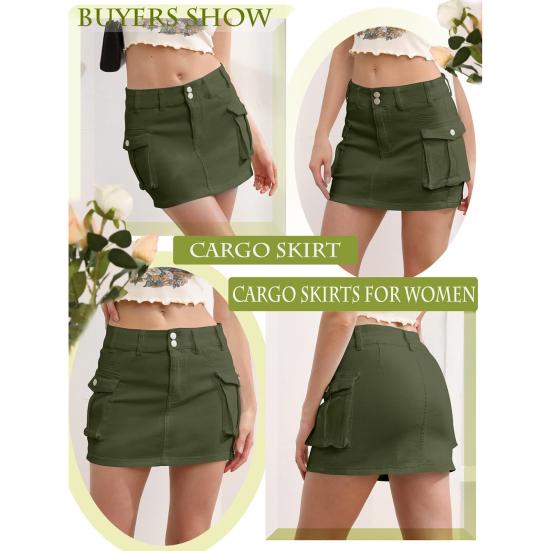 Women Mini Denim Skirt Low Waist Cargo Skirt with Pocket Solid Color Button Zipper Fly Short Skirt Streetwear