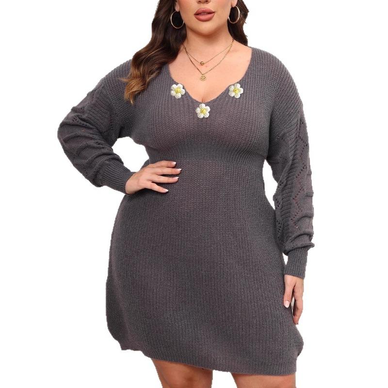 Women's Autumn and Winter New V-neck Woven Sweater Dress Hand Hook Flower Fitting Waist Dress
