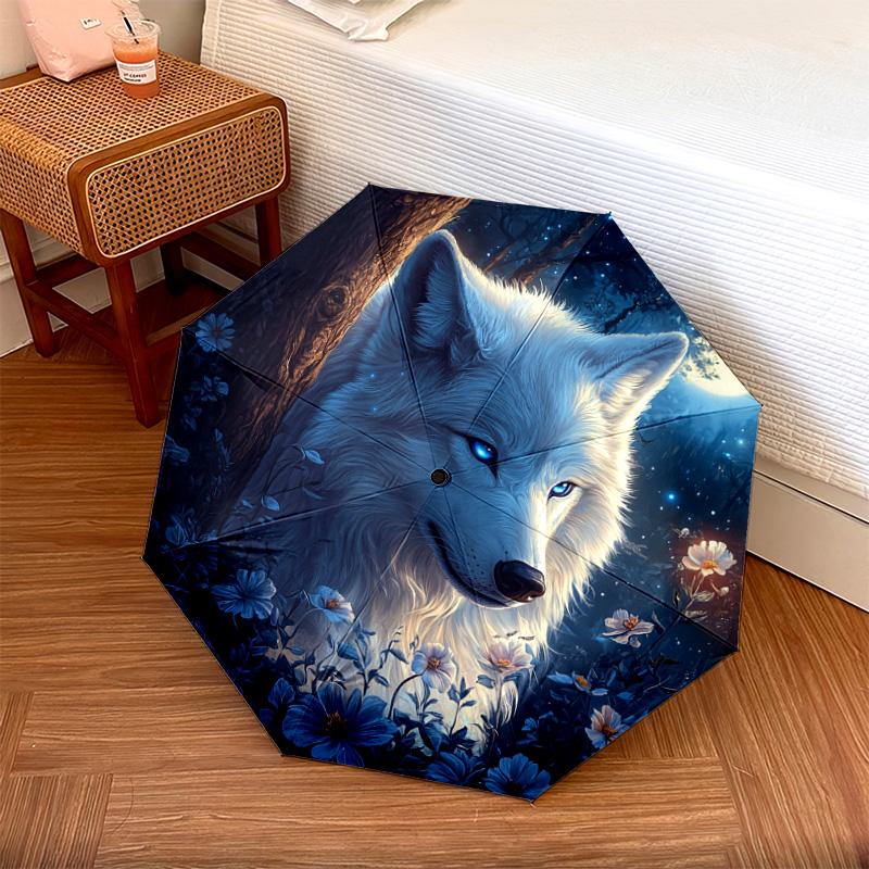 1 PC Automatic Folding Umbrella - Wolf In Moonlit Pattern, Portable & Foldable Design with 8 Ribs, Christmas Birthday Gifts