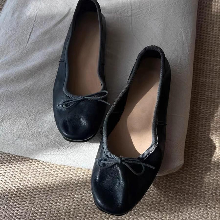 

Bow pleated soft leather ballet shoes women s summer new round head flat leather shoes 40 коричневый