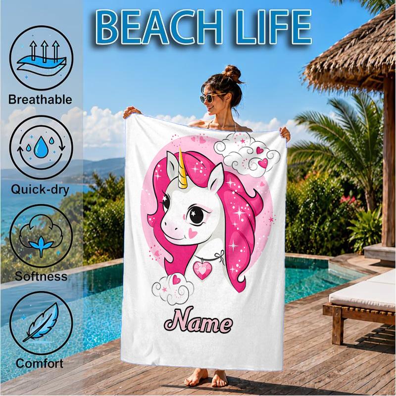 Custom Name Unicorn Dreams Art Beach Towel Microfiber Beach Towel, Lightweight and Quick-Dry, for Summer Travel, Swimming Pool Gift