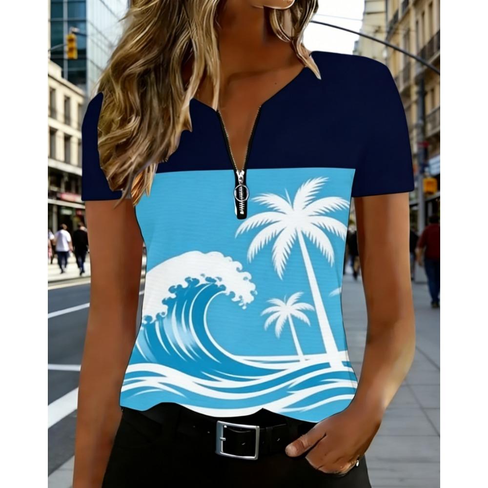 

Fashionable and Elegant Zipper V-neck Color Blocked Printed T-shirt, Plus Size Women s Short Sleeved Summer Loose T-shirt L