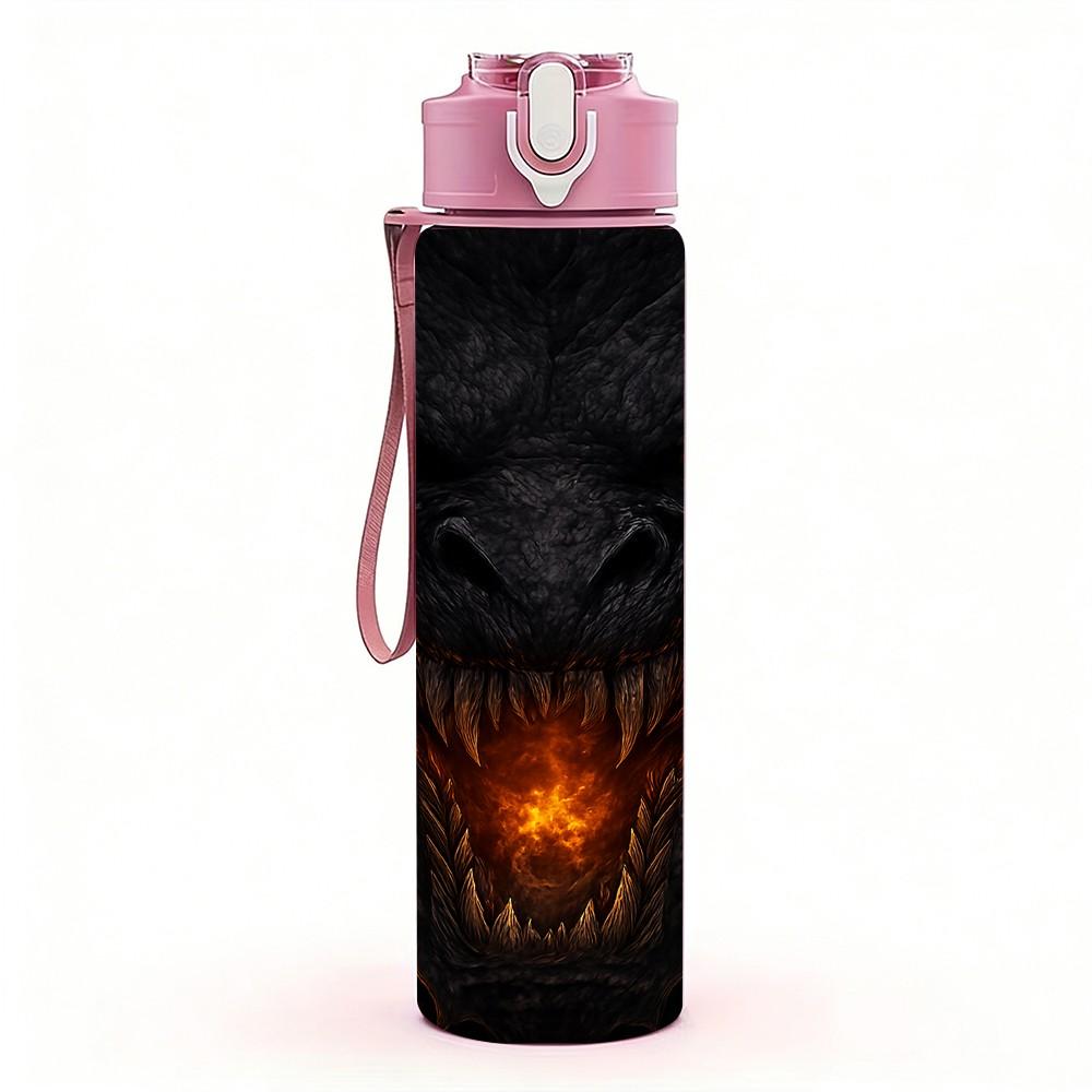 1PC Dark Evil Dragon Head Portrait Print 750ml Color Plastic Sports Water Bottle Leakproof Flip Straw Lid Suitable for Sports Office Home Use