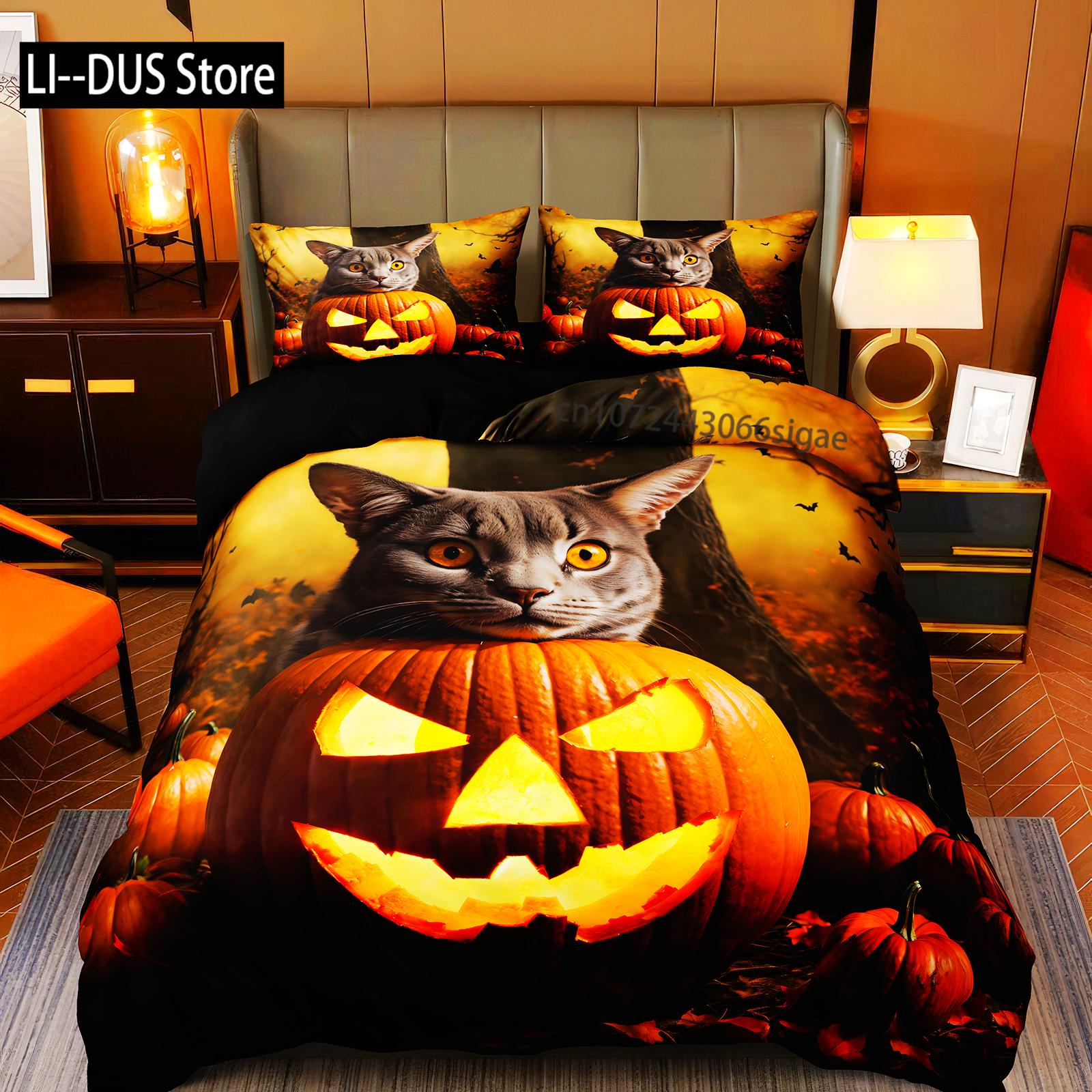 

Comforter Cat Pumpkin Halloween Comforter Ghost Bedding Set Horror Black Room Decor 3Pcs No Comforter Comforter (quilt)-EU Single(135*200cm)3pcs