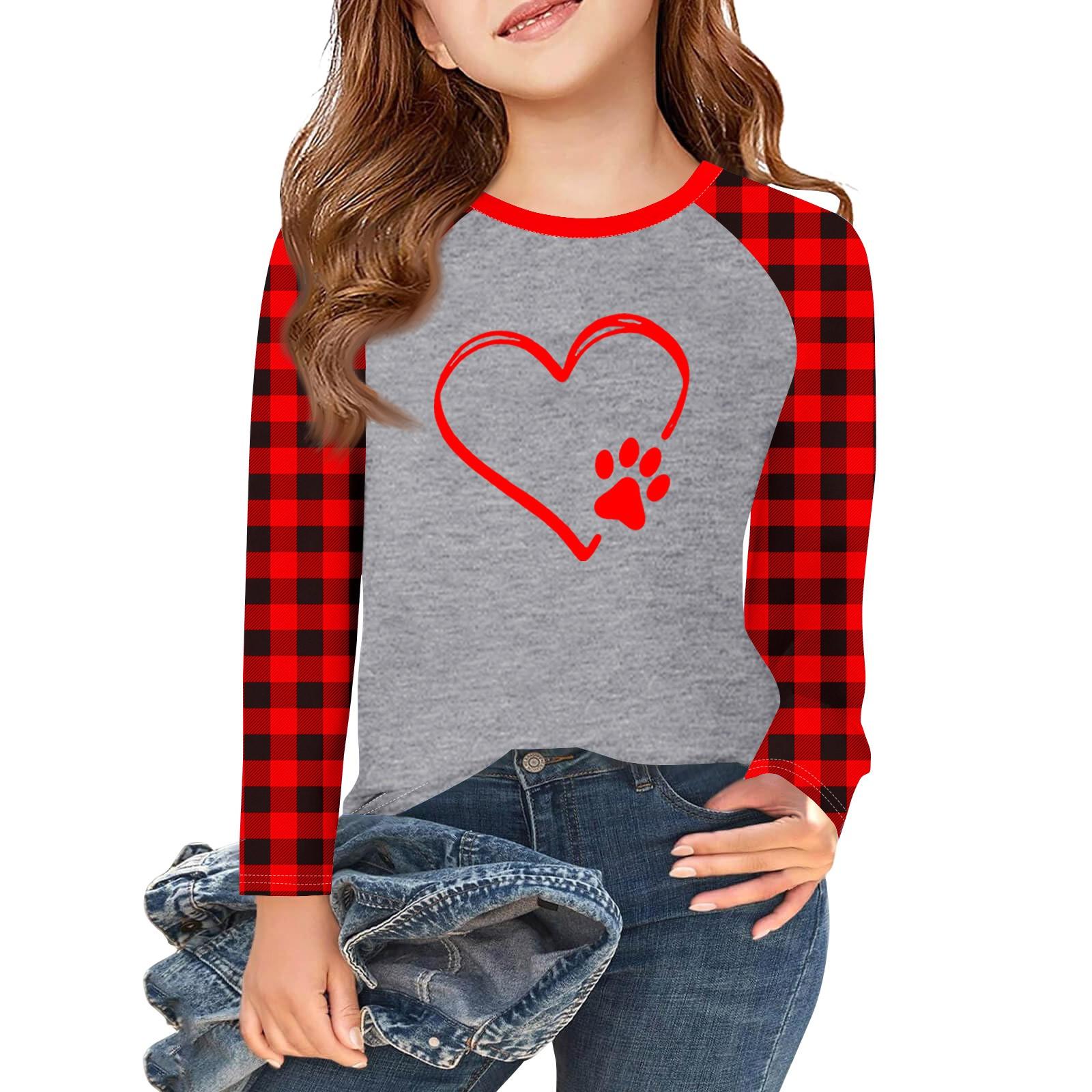 

Футболки с длинным рукавом для девочек Love ко Дню святого Валентина, детские осенние топы с круглым вырезом, базовые футболки для детей 5-14 лет 8 винный