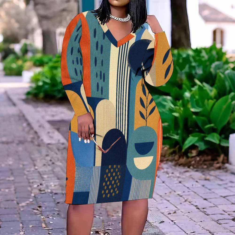 Women Plus Size V Neck Long Sleeve Printed Fitted Straight Midi Dress