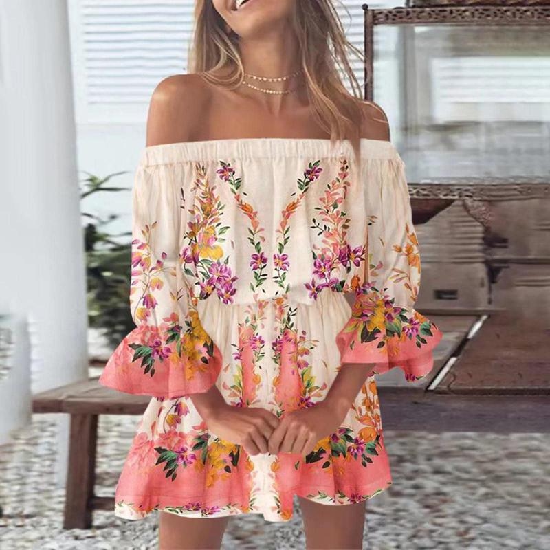 Women Floral Print Mini Dresses Summer Sexy Off Shoulder Flare Sleeve Tunic Dress Female Casual Boho Beach Dress