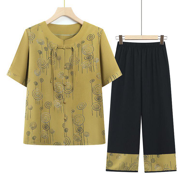 

Chinese Style Summer Two-Piece Set: Short-Sleeved Shirt for Middle-Aged and Elderly Women, Perfect for Grandmas. 4XL (130-145 jin)