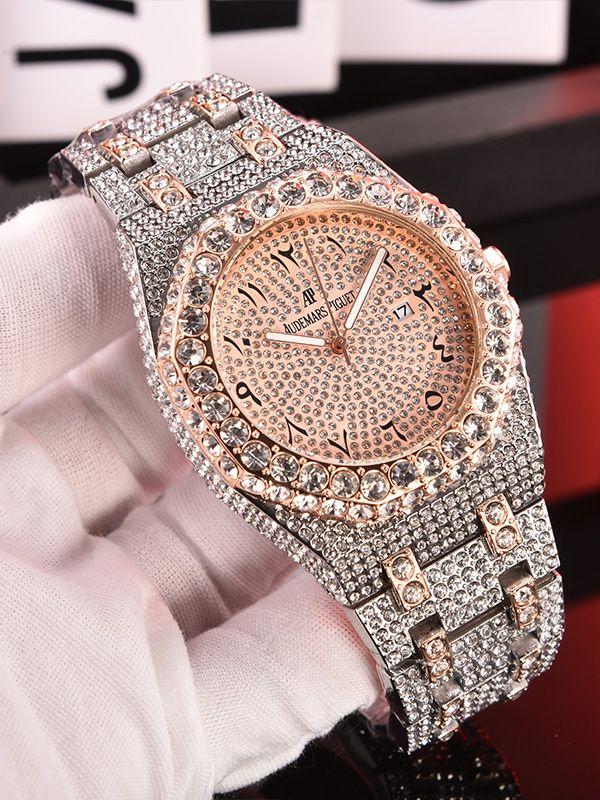 Модные мужские часы, полностью инкрустированные бриллиантами, роскошные кварцевые часы