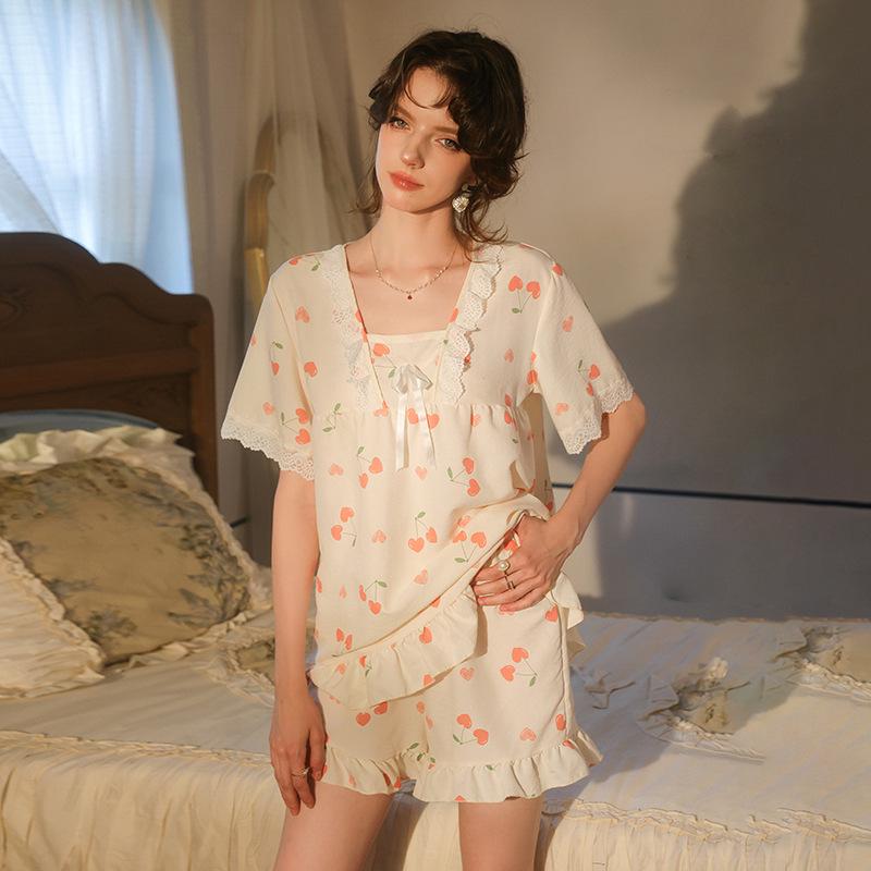 Cherry Print Lace-Trimmed Cloud Cotton Pajama Set with Ruffles