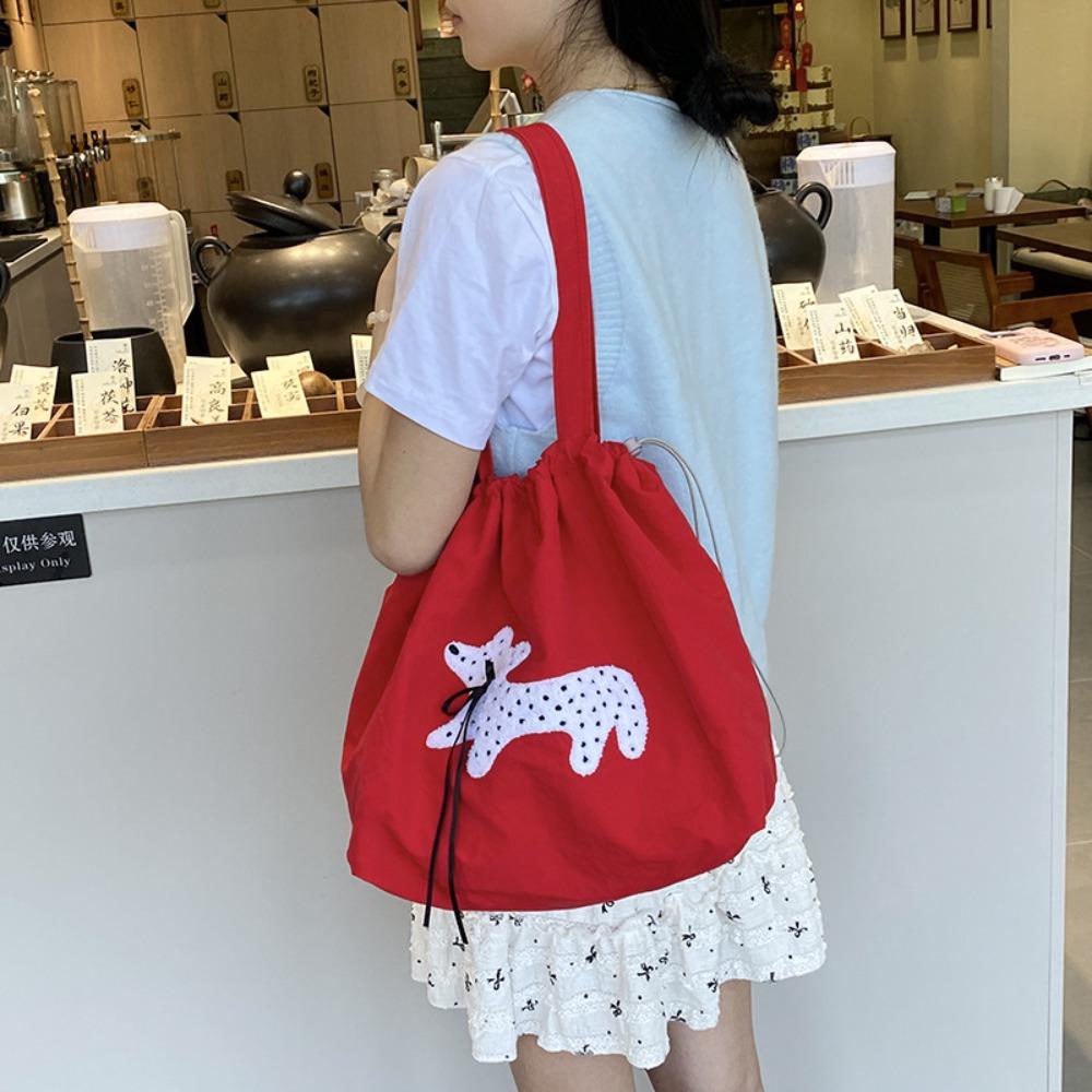Puppy Embroidery Drawstring Shoulder Bag Bow Spotted Women's Handbag Casual Canvas Tote Bag  Beach