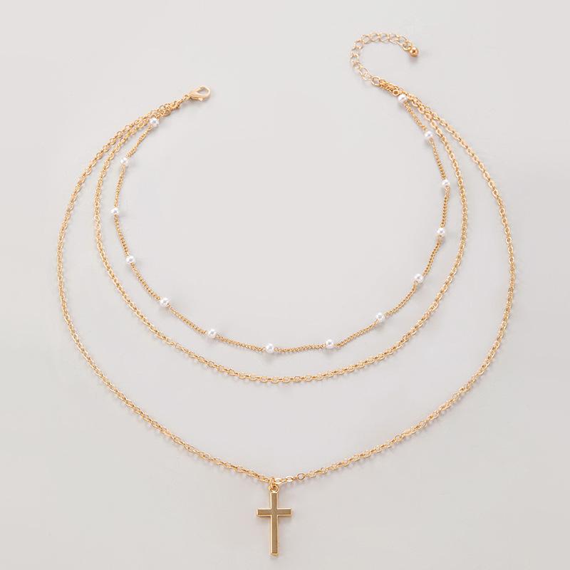 Simple Niche Design Cross Collarbone Chain Neck Chain Geometric Imitation Pearl Retro Stacked Necklace