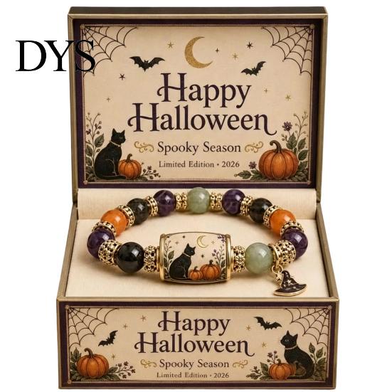 Adjustable Alloy Wristband Halloween Stretch Beaded Bracelet with Gift Box, Black Cat Pumpkin Ghost Stylish Wrist Accessory for Parties Crow