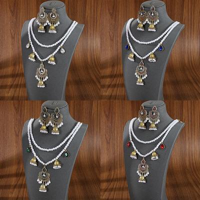 Double Pearl Tassel Bells Earrings Necklace Set Women'S Bohemian Court Fashion Jewelry