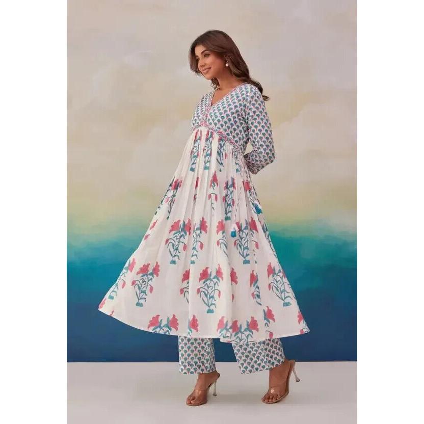 Indian Cotton Rayon Kurta Pant Dupatta Set Women Bollywood Salwar Kameez Kurti VF-20138