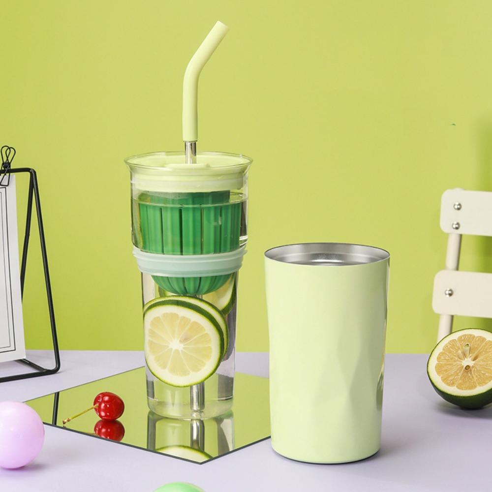 2 Layer 2 in1 Cooling Storage Glass 650ML Vacuum Mug Portable Straw Cup  Drinkware
