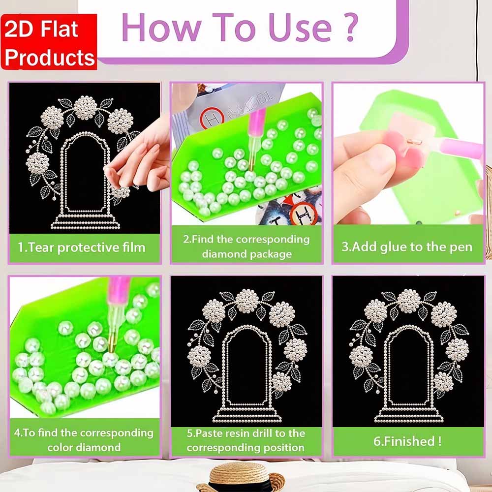DIY Pearl Diamond Painting Set with Frame Floral Wreath Pattern 3D Pearl Beads. Home Wall Decor
