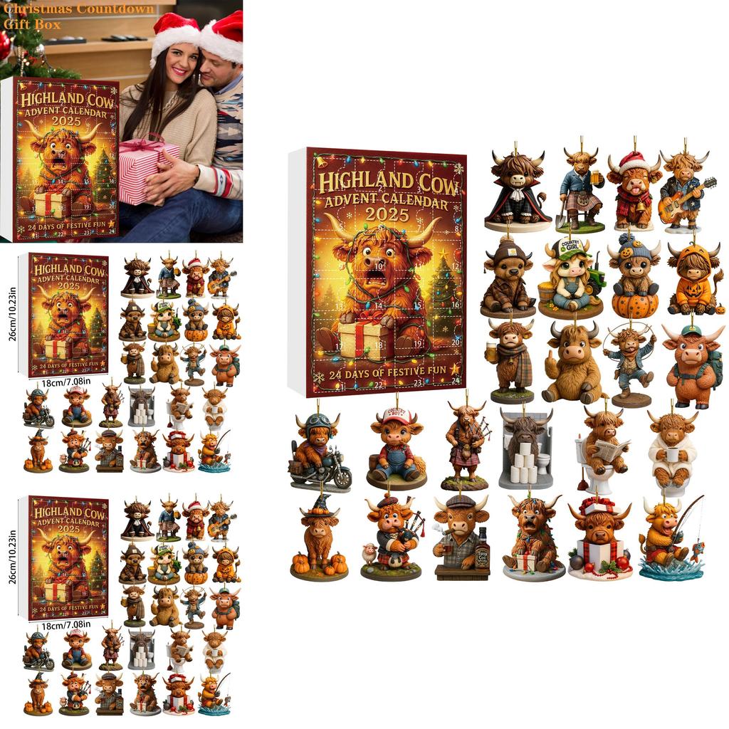 Highland Cattle Holiday Advent Calendar Acrylic Christmas Decor For Party And Gift Giving