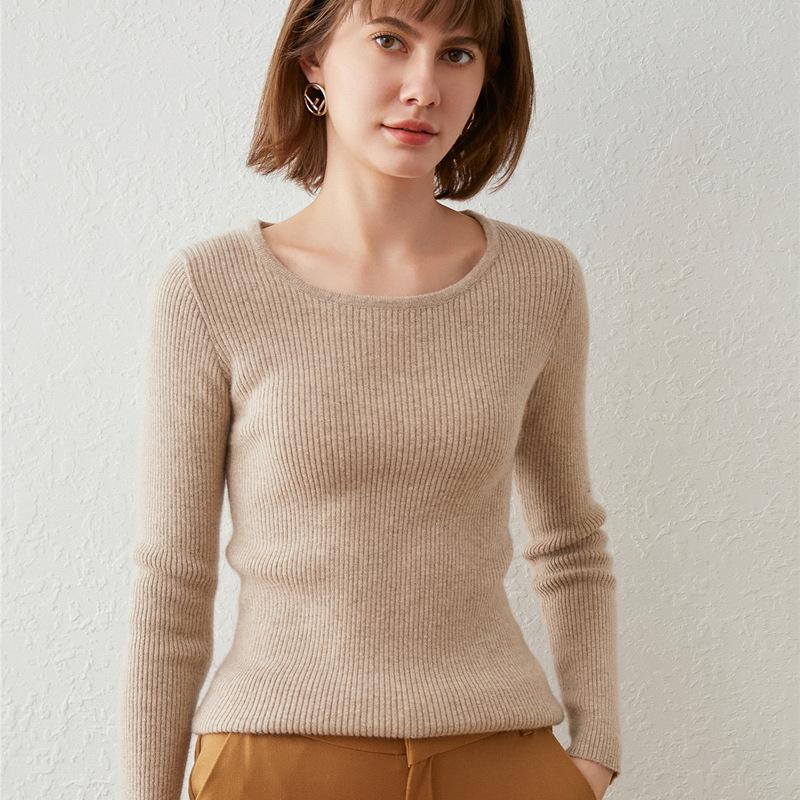 

Осень и зима новый женский топ с круглым вырезом, базовая рубашка, тонкий пуловер с вертикальной полоской, вязаный свитер с длинным рукавом XXL верблюд