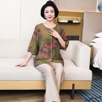 New Chinese-style Middle-aged and Elderly Pajamas, National Style Mid-sleeve Quality Single Top, Soft, Comfortable, Breathable, Mom-style Cardigan 