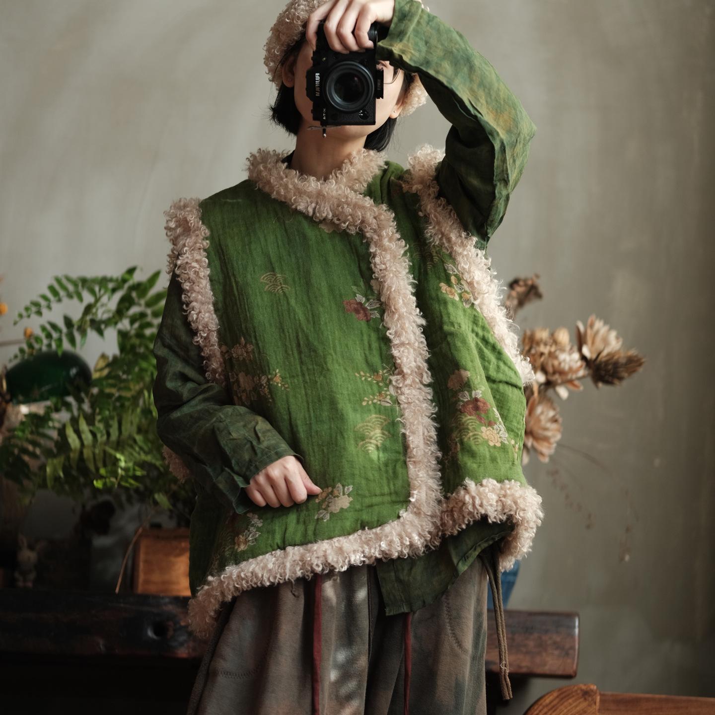 

Johnature Жіночі Вінтажні Зимові Пальта Принт Квітковий Латочки Теплі Товсті Китайський Стиль Жіночі Пальта One Size зелений