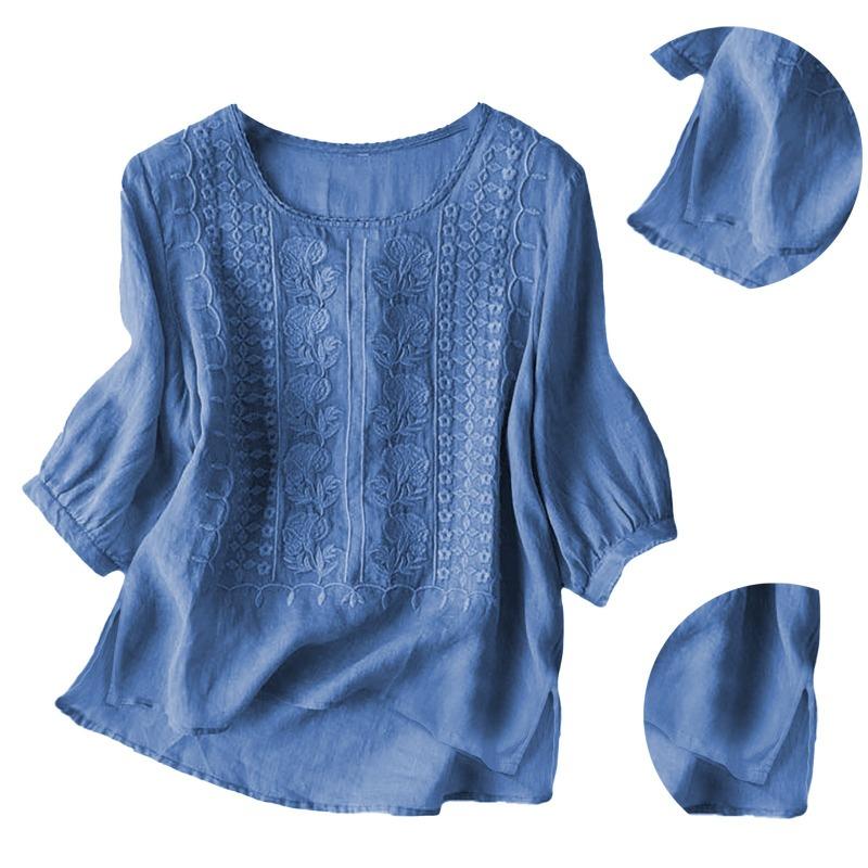 Summer Elegant Embroidery Loose Women Blouse Large Size Casual T-shirt Loose Simple Office Solid Color Fashion Elegant O Neck Sweet Shirts Clothing