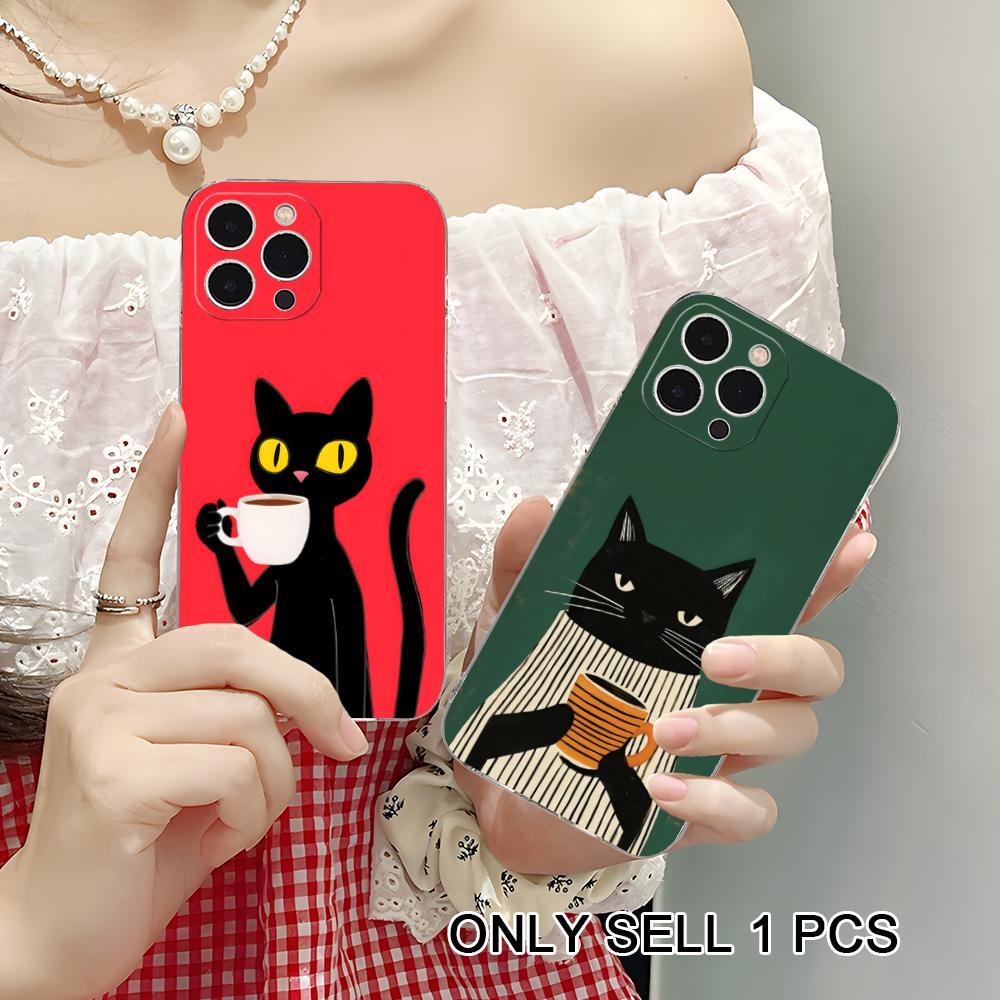 Cute Coffee Cat Clear TPU Mobile Case for iPhone 17 16 15 14 13 12 11 X XR XS Air Pro Max Plus Mini Colorful Cover
