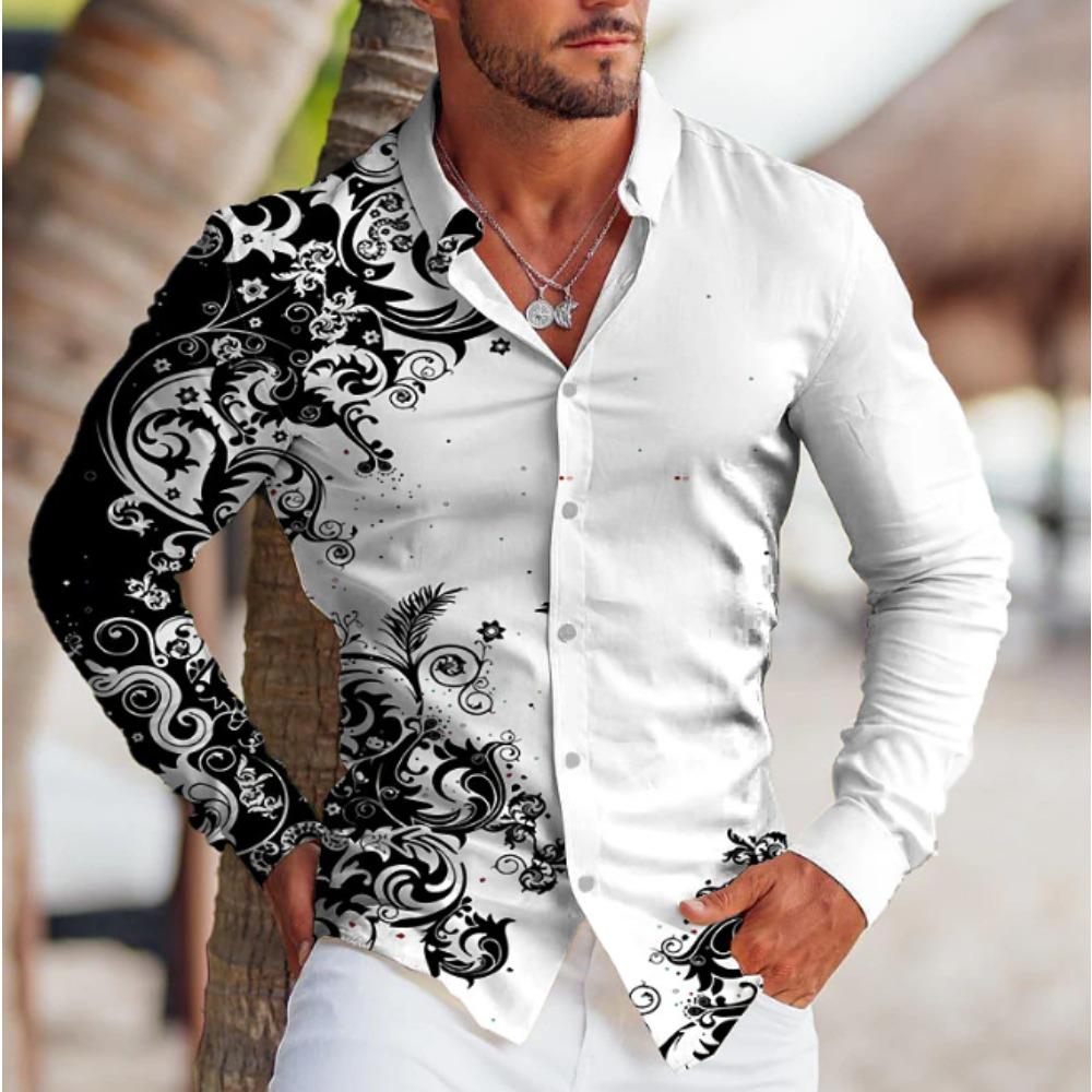 Men's Distressed Printed Long Sleeve Shirts Casual Cardigan New Button Holiday Fashion Shirts