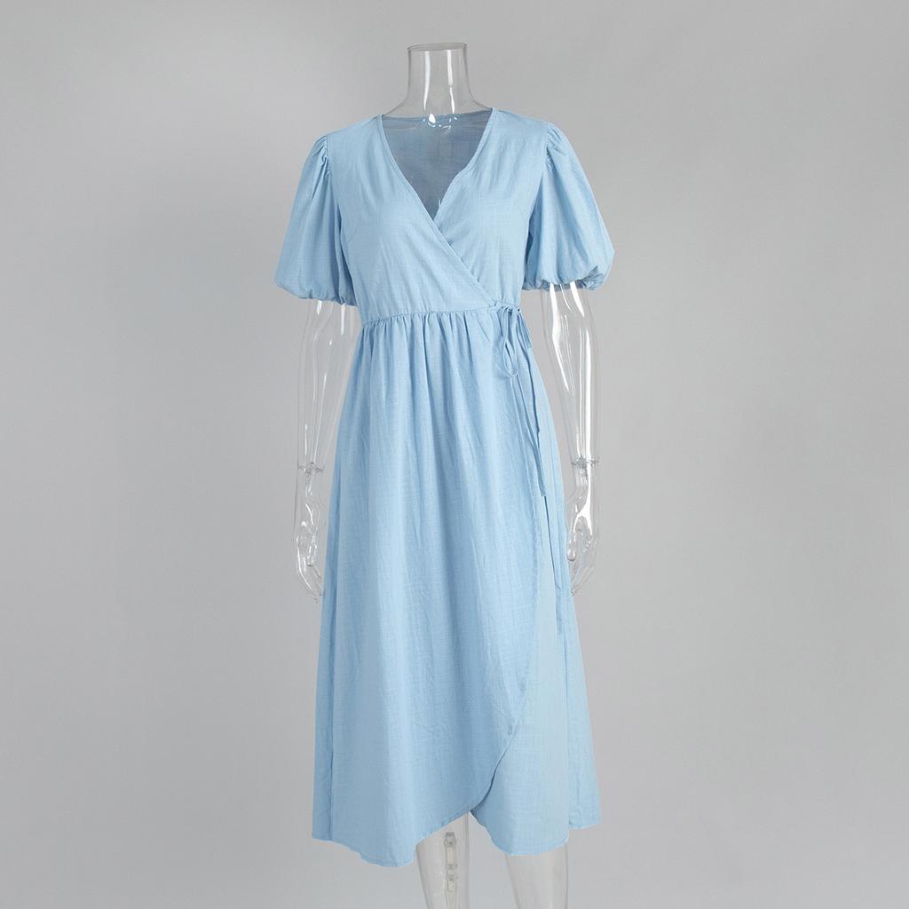 Pure cotton lace-up five-quarter-sleeved long dress, European and American spring and summer new bubble-sleeved dress, long dress for women