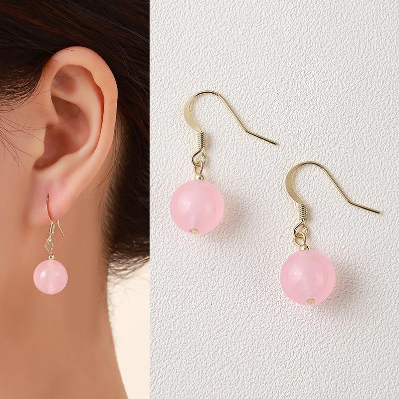 Natural Pink Crystal Earrings Cute Original Handmade Earrings Retro Chinese Simple Versatile Light Luxury Earrings