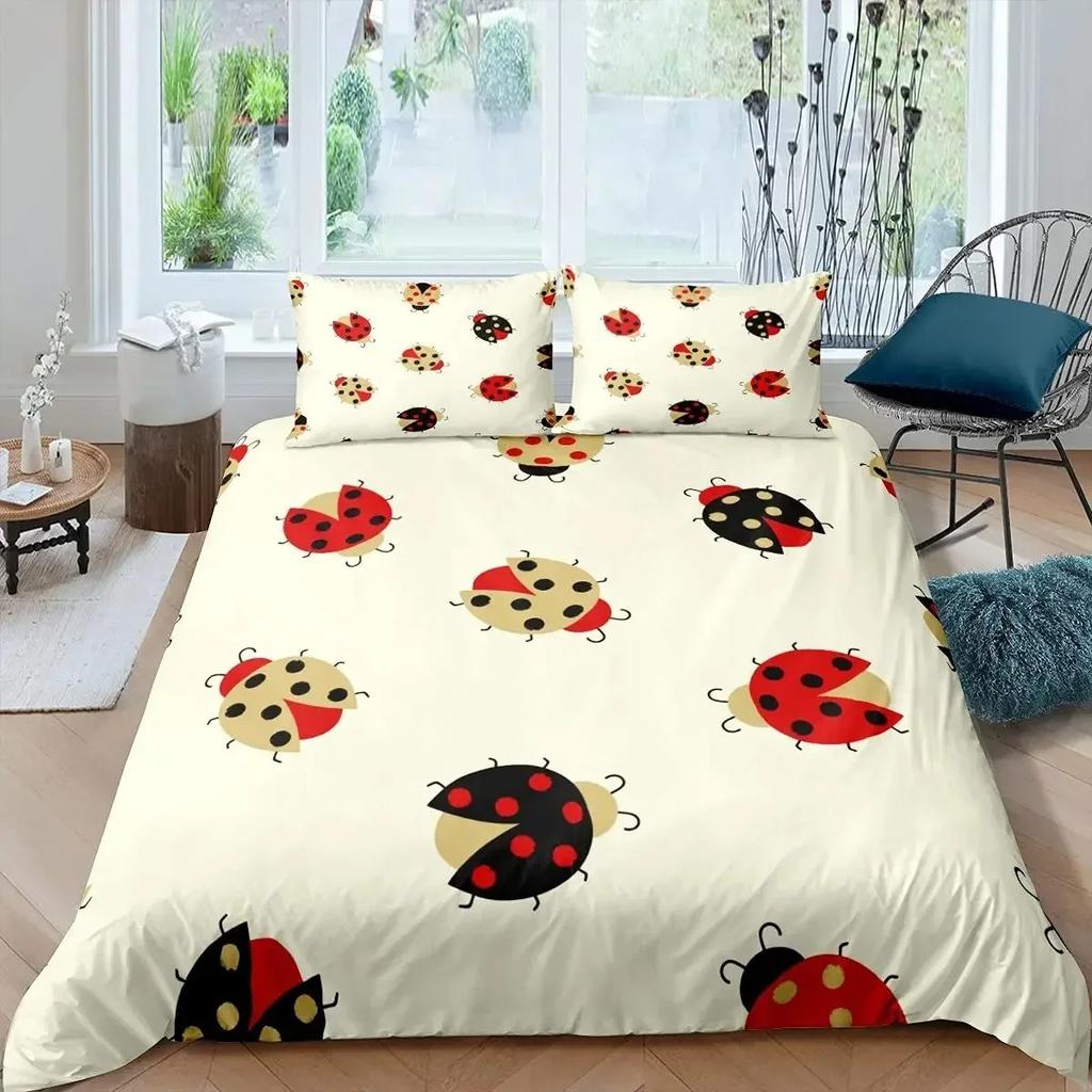 Ladybug Duvet Cover Set 3D Ladybug Printed Bedding Set For Kids Boys Girls Flying Entomology Soft King Size Quilt Cover