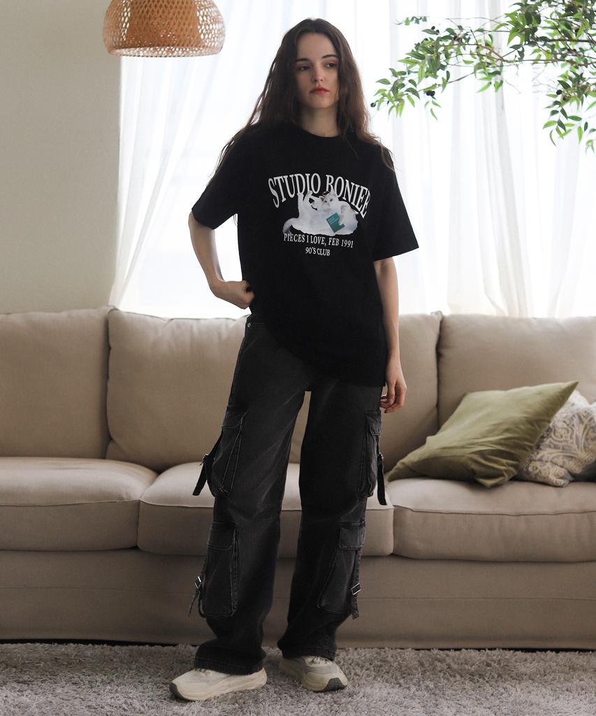 BONIEE Angel Cat Kitten Graphic Loose Oversized T-Shirt Black