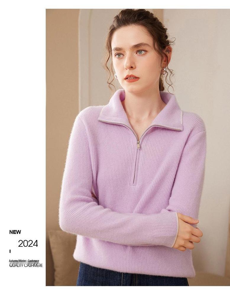 Thick Half-Zip Color-Block Cashmere Loose Knit Korean Pullover