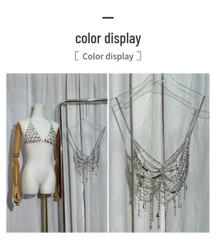 Rhinestone Tassel Body Chain Bikini Halter Bra - European & American Beachwear for Women
