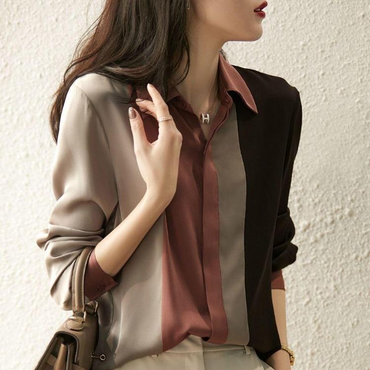 Fashion Women Shirt Patchwork Striped Chiffon Blouse Long Sleeve Button Down Top Office Lady Casual Commuter Summer Clothing