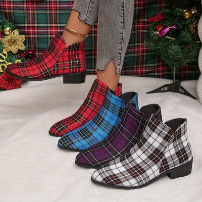 Botines Gruesos de Tacón Bajo Estilo Navideño - Botines Cortos de Cuadros con Cremallera Lateral para Mujer